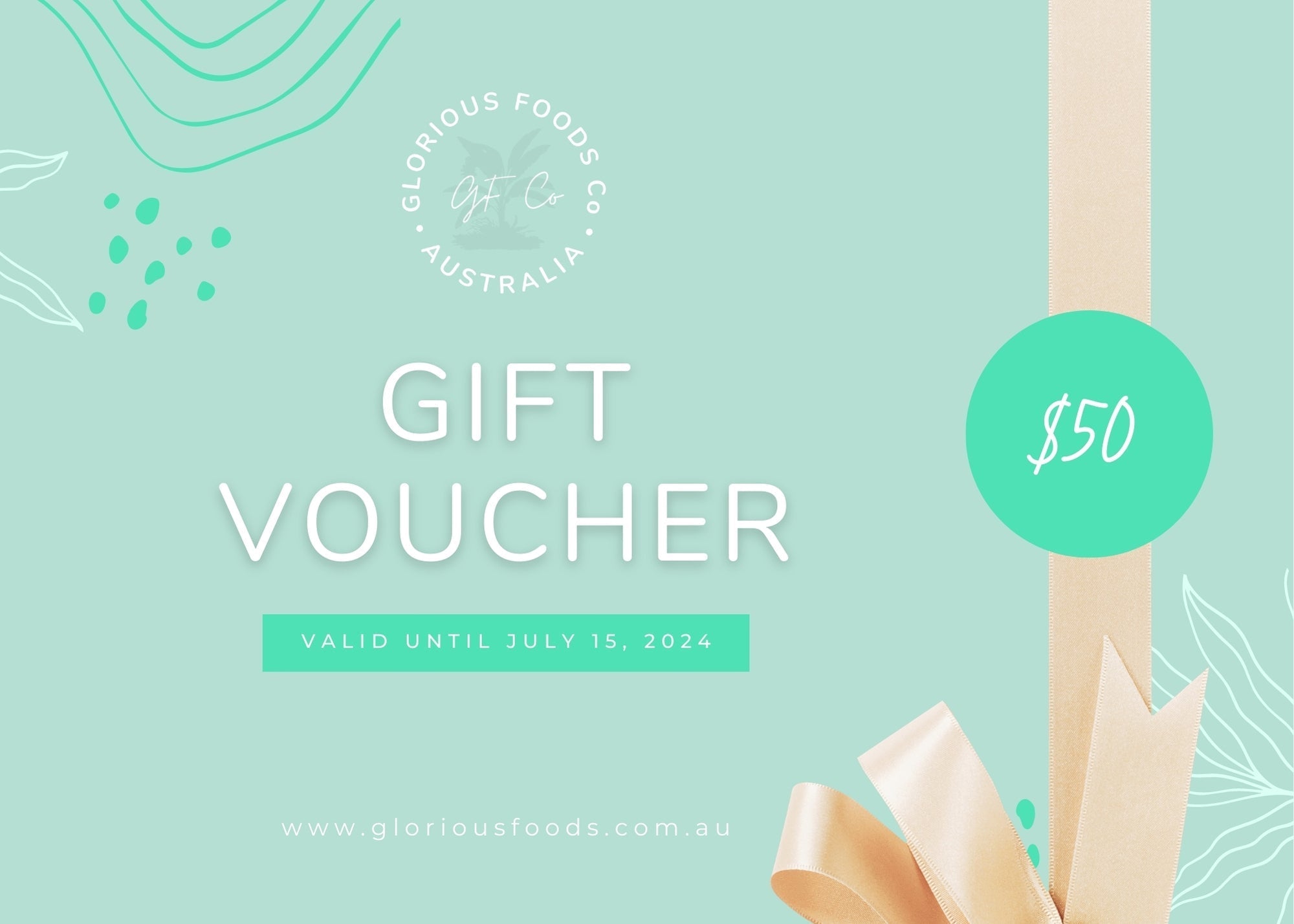 Glorious Foods gift card voucher with $50 value, valid until July 15, 2024.