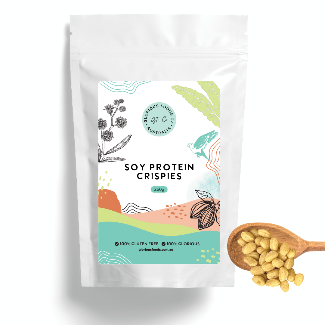 Soy Protein Crispies pack by Glorious Foods Co, high-protein, gluten-free snack.